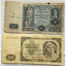 POLAND 1936 - 1948 . TWENTY 20 - FIFTY 50 ZLOTYCH BANKNOTES